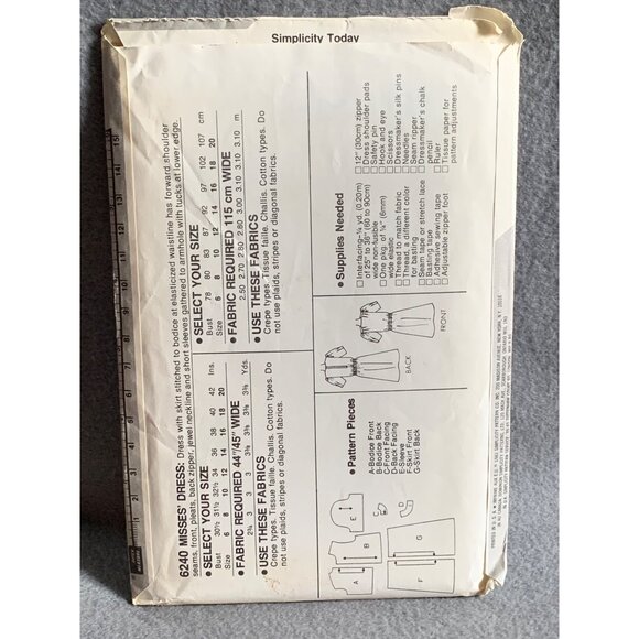 Simplicity 6240 Beginner's Choice Dress Sewing Pattern Misses Size 12 - uncut - Picture 2 of 2